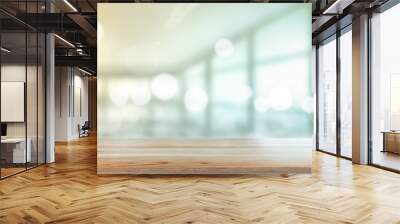 Wooden desk with Blurred of interior office room with city building background Wall mural