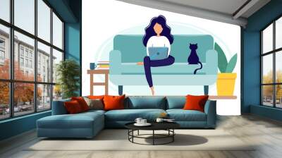 Home office during coronavirus outbreak concept, woman works from home with laptop. Vector illustration in flat style. Stay at home. Self-isolation Wall mural