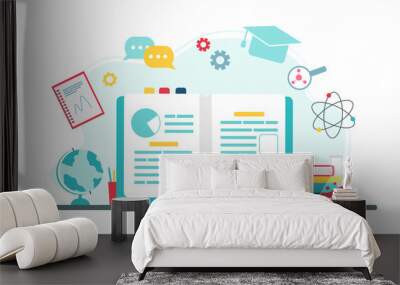 Online education concept. Icons for education, online learning infographics design, web elements, Physics, chemistry, geography, mathematics school subjects. Vector illustration in flat style.  Wall mural