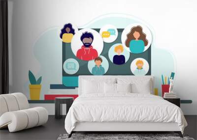 Online meeting via group call. Home office concept with computer, books and cup. Group of people doing video conference. Illustration in flat style. Stay at home. Self-isolation Wall mural