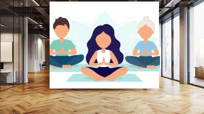 Young and old people do yoga, practice meditation. Yoga class. Women and men exercise to maintain an active healthy lifestyle. Yoga practice. Illustration in flat style for fitness concept. Wall mural