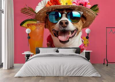 Beach holiday concept with dog in hat with cold cocktail on isolated pink background Wall mural