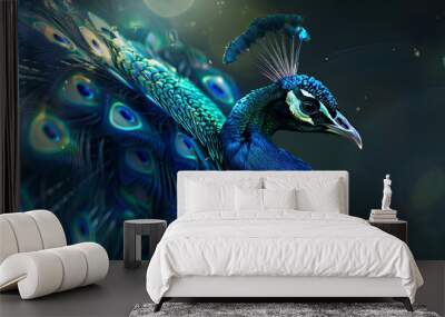 Beautiful, bright peacock with an extravagant long tail on a blue background, close-up Wall mural