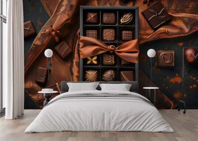 Box of chocolates with brown ribbons on a dark background Wall mural