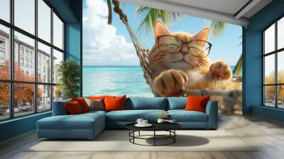 Concept of a tropical island getaway: a cute orange cat wearing sunglasses lounging in a hammock on the beach Wall mural