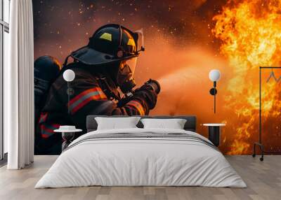 Confident fireman putting out big fire Wall mural