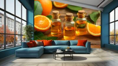 Fragrant orange oil, ideal for pampering spa rituals, showcased amidst freshly arranged oranges on a charming rustic wooden table Wall mural