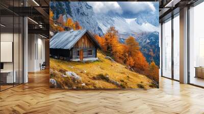 Hut in the autumn mountains Wall mural