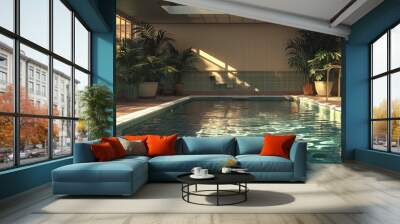 Luxurious swimming pool with blue water and sun rays in a beautiful hotel Wall mural