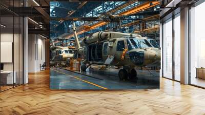 Production of helicopters at a factory among equipment Wall mural