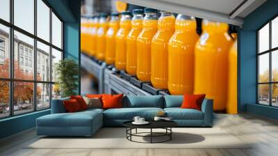 Production of orange juice, bottles of juice on a conveyor belt Wall mural