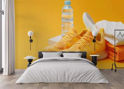 Sports running concept, sneakers, water and towel on orange background Wall mural