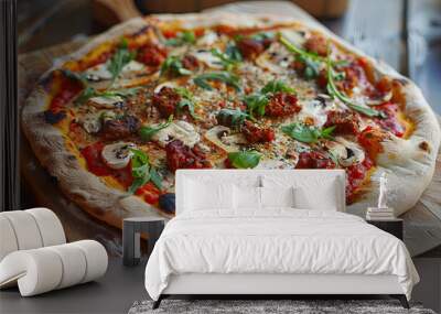 Vegan pizza with vegetables on a wooden kitchen board Wall mural