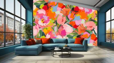 Abstract floral seamless pattern. Bright colors, gouache painting Wall mural