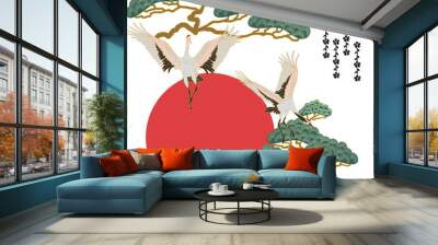 Asian, Japanese illustration with storks, bonsai and red sun. Wall mural