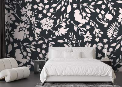 bicolor contour silhouette seamless pattern with flowers and leaves. Abstract floral spring, summer pattern. Wall mural