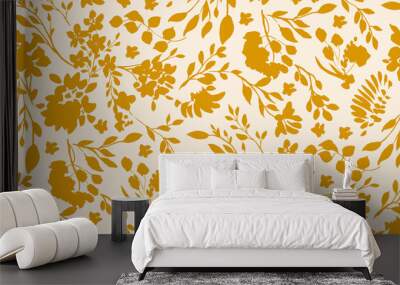 bicolor contour silhouette seamless pattern with flowers and leaves. Abstract floral spring, summer pattern. Wall mural