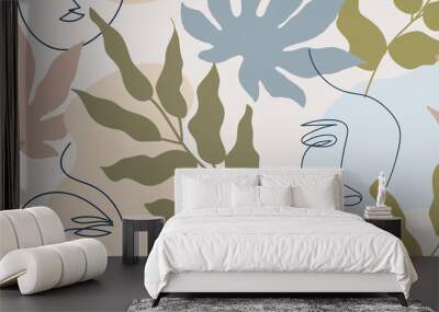 Muted, beige and brown seamless pattern with abstract tropical leaves and one line faces. Wall mural