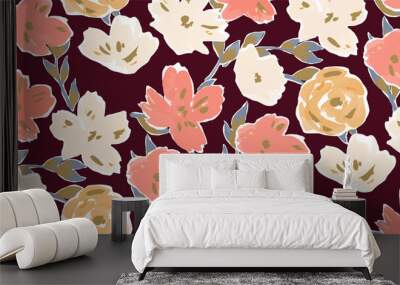 Simple seamless pattern of hand drawn gouache flowers, abstract colorful background. Wall mural