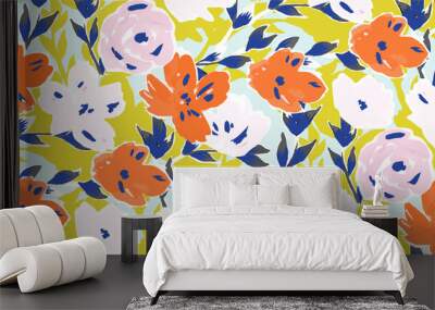 Simple seamless pattern of hand drawn gouache flowers, abstract colorful background. Wall mural