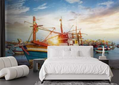 Fishing boat at beach on summer Wall mural