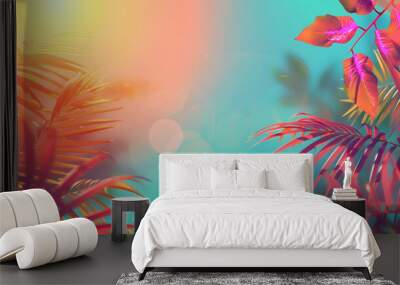 Abstract colorful summer gradient background with tropical beach palm leaves and geometric shapes with circles and lines Wall mural