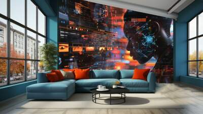 AI, binary holographic machine learning digital technology man concept Wall mural