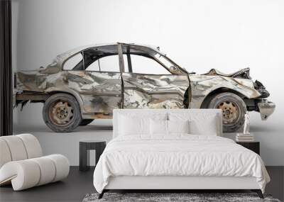 Damaged silver vintage old car on white background  Wall mural