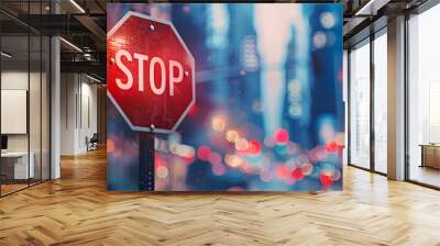 Defocused stop sign traffic regulations with traffic lights on the street, increase law enforcement  Wall mural