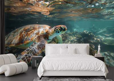 Diving marine sea turtle  Wall mural