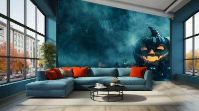 halloween jack o lantern, halloween background with pumpkin, halloween pumpkin in the dark Wall mural