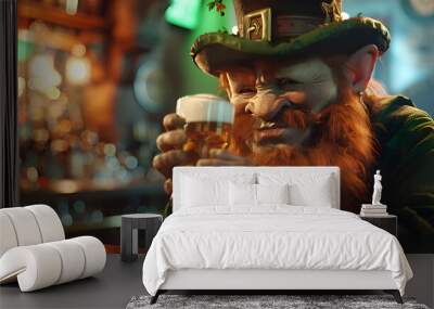 Irish bearded leprechaun gnome with a glass of beer in a bar,  st patrick celebration concept  Wall mural