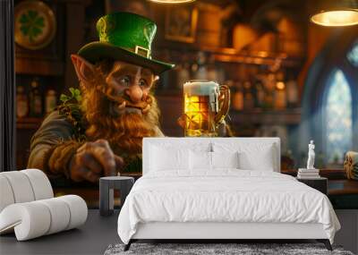 Irish bearded leprechaun gnome with a glass of beer in a bar,  st patrick celebration concept  Wall mural