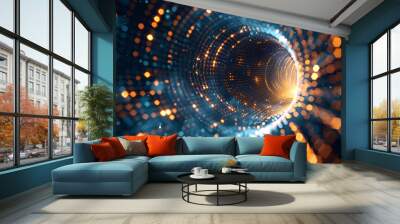 Neural hyperspeed wrap tunnel digital technology design concept, abstract background, spiral galaxies, data stream Wall mural