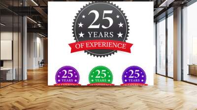 25 years of experience badge, label, icon, symbol with red color ribbon and stars isolated on white background, vector illustration. Wall mural