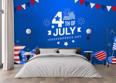 4th of July celebration usa independence day design with star, fireworks and usa national flag on blue color background with star, firework, garland, star, etc.
 Wall mural