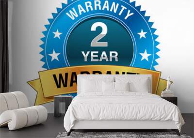 Blue powerful 2 year warranty badge with golden ribbon. Wall mural