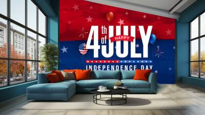 Happy 4th of July, Independence day greeting design on red & blue watercolor with star, balloon & fireworks burst. Vector illustration. Wall mural