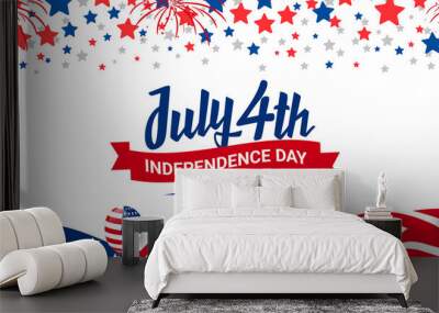 Happy 4th of July, independence day since 1776 design with ribbon on usa blue, red, white starburst; firework, waving USA flag, balloons background.
 Wall mural