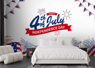 Happy 4th of July, USA Independence Day with waving American national flag & fireworks in the background, used for sale banner, discount banner, advertisement banner, etc. Wall mural