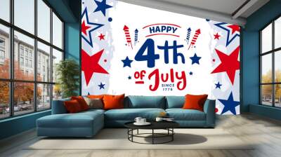 Happy 4th of July since 1776, USA Independence day Celebration design with firework and stars on watercolor with red-blue color stars background promotional advertising banner template. Wall mural