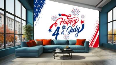 Happy 4th of July typography design with vertical American flag brush stroke on both sides, vector illustration. Wall mural