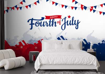 Happy Fourth of July greeting banner with colorful red & blue watercolor brush along with stars and garlands in the background. Vector illustration. Wall mural