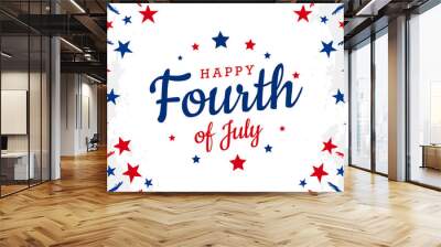 Happy Fourth of July trendy lettering design with stars on starburst retro brush, grunge, vintage background. Wall mural