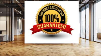 Powerful 100% customer satisfaction guaranteed badge with red ribbon. Wall mural