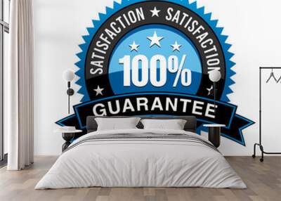 Strong blue colored 100% satisfaction guarantee badge with sleek ribbon isolated on white background. Wall mural