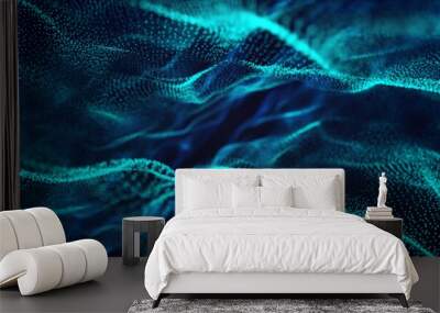 Abstract image with wavy blue particles. Depth of field effect, blur effect. Wall mural