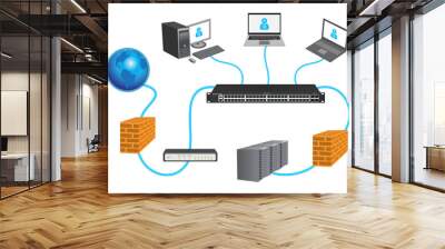 Lan network 3D diagram for business and technology concept. WAN of computer networking vector. Wall mural