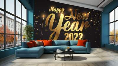 Happy New Year of glitter gold fireworks. Vector golden glittering text and 2022 numbers with sparkle shine for holiday greeting card Wall mural