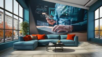 artificial, artificial intelligence, engineering, ai, future, intelligence, learning, brain, neural, strategy. A man is using a laptop with a smartphone. Concept of technology and the integration. Wall mural